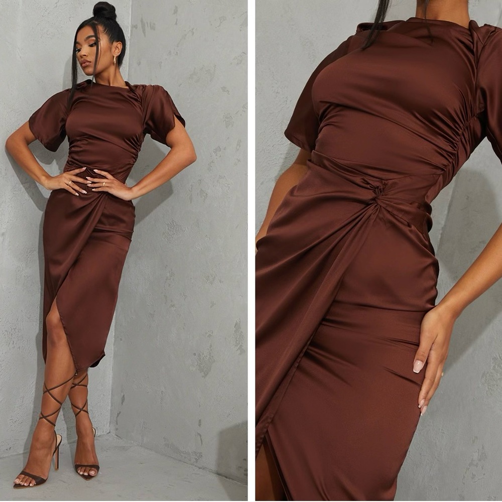 Chocolate satin short sleeve ruched dress (Brand New, Tags on)